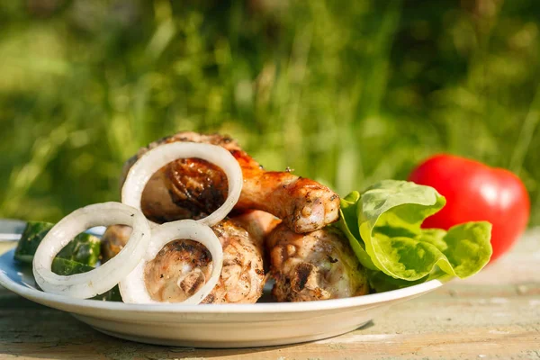 taze sebze ile ızgara tavuk budu. Bahçe piknik. Yeşil zemin üzerine.