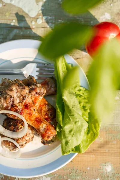 taze sebze ile ızgara tavuk budu. Bahçe piknik. Portre. Üstten görünüm