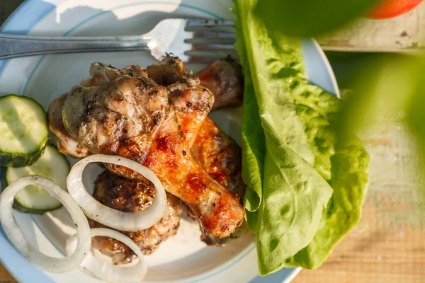 taze sebze ile ızgara tavuk budu. Bahçe piknik. Portre. Üstten görünüm