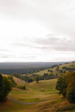 Polonya. 22 Eylül 2018. Tepeler ve orman manzarası. Kayak Merkezi. Bulutlu hava. Çevrenin Zieleniec