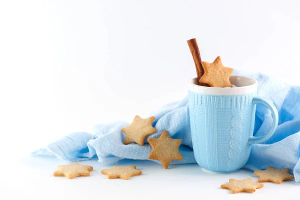 Blue Mug Ginger Cookies White Background Christmas Composition — Stock Photo, Image