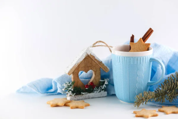 Blue Mug Ginger Cookies White Background Christmas Composition — Stock Photo, Image