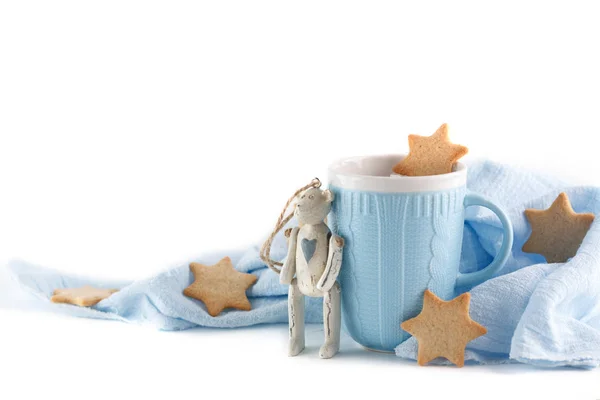 Blue Mug Gingerbread Wooden Bear White Background Christmas Composition — Stock Photo, Image