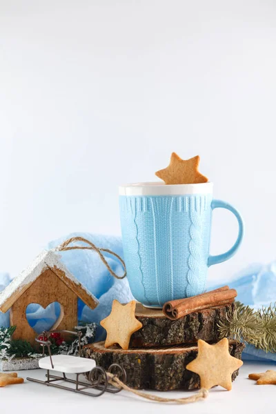 Blue Mug Ginger Cookies Christmas Symbols White Background New Year — Stock Photo, Image