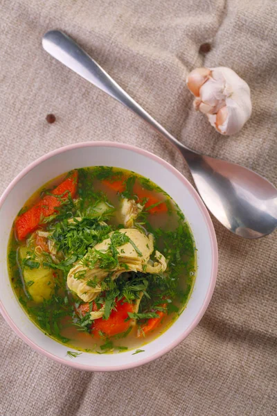 Νόστιμη σούπα με κοτόπουλο και λαχανικά. Closeup — Φωτογραφία Αρχείου