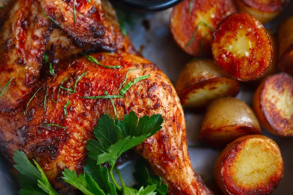 Frango grelhado com batatas de bebê e molho de tomate — Fotografia de Stock