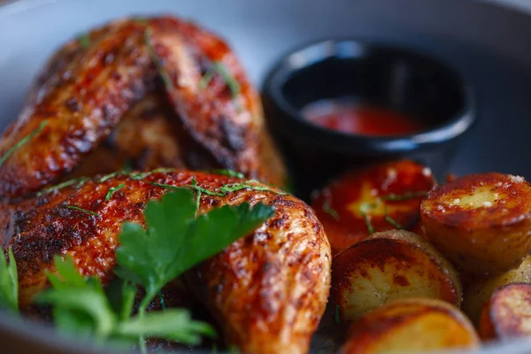 Frango grelhado com batatas de bebê e molho de tomate — Fotografia de Stock