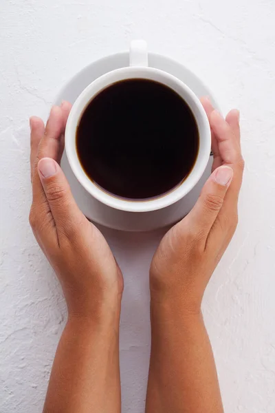 Women Hands Hold White Coffee Mug White Background Photo Wallpaper — Stock Photo, Image