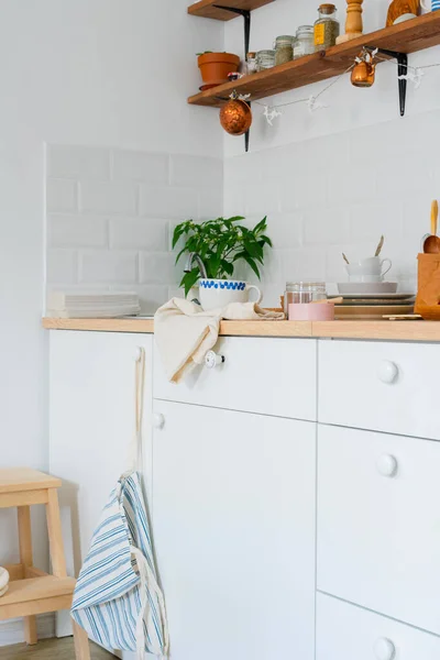 White Kitchen Interior Scandinavian Interior Design In Light Colors With Plants And Accessories Sunny Day Bright Contemporary Stock Photo 406294104