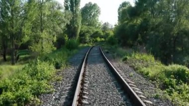 Demiryolu rayları. Hava görüntüsü. Ormanlık alanda yeşil ağaçlar ve çimenler arasında demiryolu. Nakliye ve seyahat