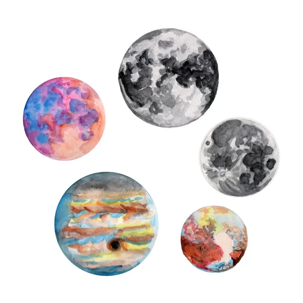 Profil vodní barvy planety měsíce. Sada ilustrací — Stock fotografie