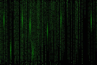 Ekranda ikili matris kodu var. Bilgisayar matrisinin numaraları. Şifreleme, hackerlık ya da kripto para birimi bitcoin madenciliği kavramı. Vektör illüstrasyonu.