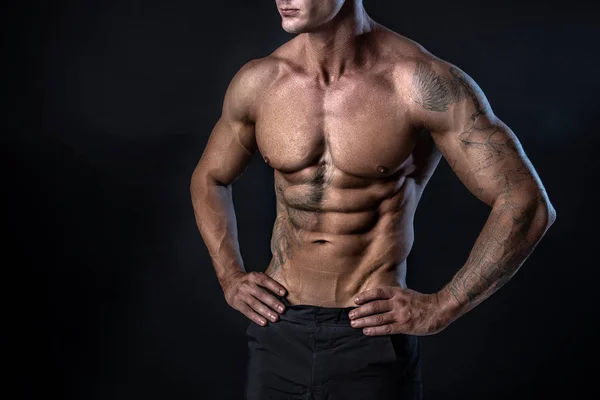 Tanınmayan güçlü vücut geliştirmeci adamla mükemmel abs, omuzlar, pazı, triceps, göğüs