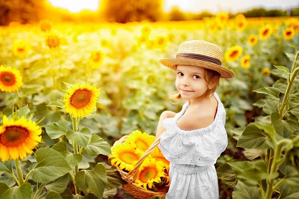 Menina em um vestido branco, um chapéu de palha com uma cesta cheia de girassóis sorrindo para a câmera em um campo de girassóis — Fotografia de Stock