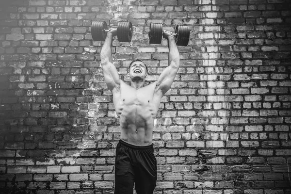 Muscular cara fazendo exercícios com halteres contra uma parede de tijolo — Fotografia de Stock