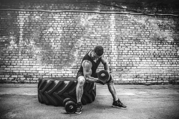 Muscular cara fazendo exercícios com halteres contra uma parede de tijolo — Fotografia de Stock