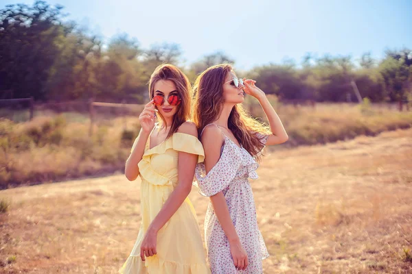 Two pretty girlfriends in summer dresses — Stock Photo, Image