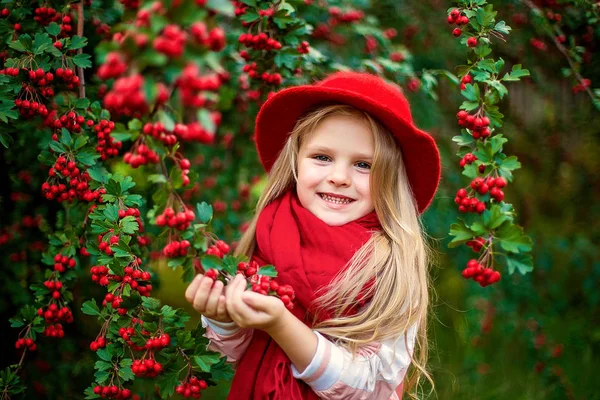 Mladá krásná malá stylová dívka v slunném podzimním parku — Stock fotografie