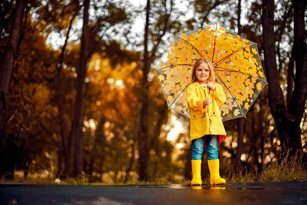Ευτυχισμένο παιδί κορίτσι με μια ομπρέλα και καουτσούκ μπότες μια φθινοπωρινή βόλτα — Φωτογραφία Αρχείου
