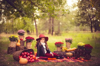 Sepeti sonbahar parkta oturan kırmızı elma ile gülümseyen çocuk