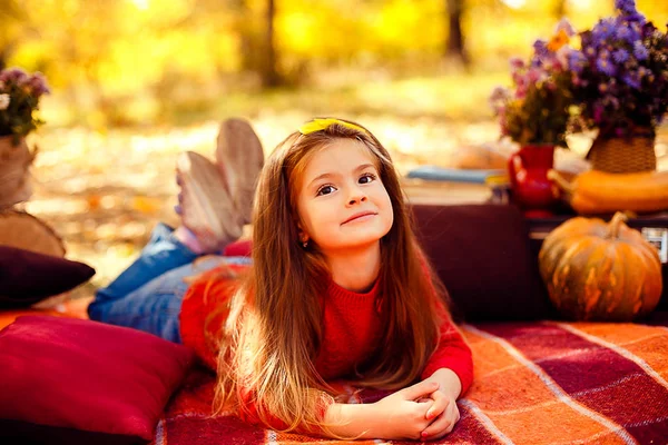 Bambino sorridente con cesto di mele rosse seduto nel parco autunnale — Foto Stock