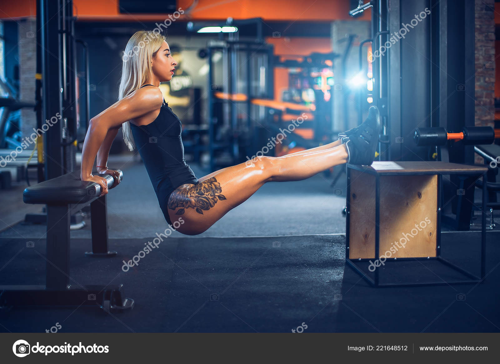 Athlete Woman Doing Push Ups On Bench Training Triceps Workout