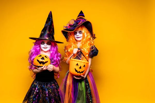 Dos Hermosa chica en un disfraz de bruja sobre un fondo amarillo asustando y haciendo caras — Foto de Stock