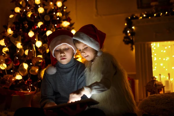 Ενθουσιασμένοι παιδιά κοντά στο χριστουγεννιάτικο δέντρο — Φωτογραφία Αρχείου