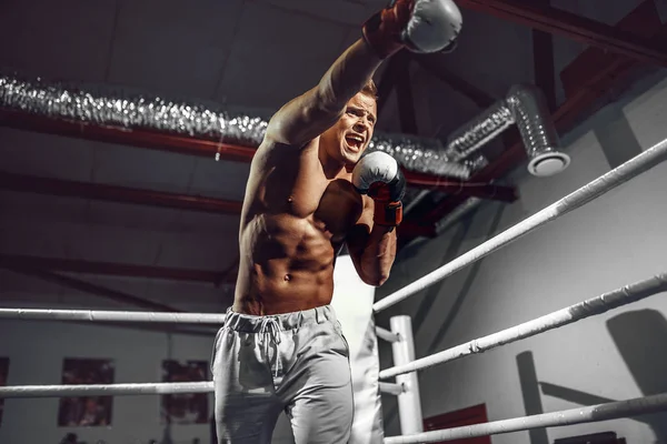 Boxer. Fiducioso giovane pugile sul ring di boxe — Foto Stock