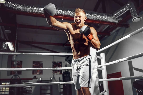 Boxer vagyok. Magabiztos fiatal bokszoló a ringben — Stock Fotó