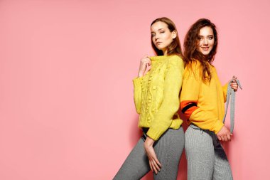 Kameraya bakarak iki güzel seksi gülümseyen güzel kızlar. Kazak, pembe bir arka plan üzerinde sıcak kadın şık duran sarı.