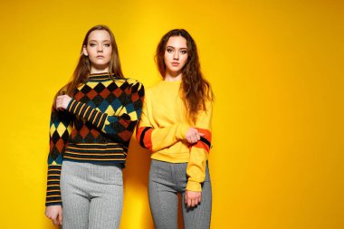 Kameraya bakarak ve sarı zemin üzerine şık kazak poz iki güzel seksi gülümseyen güzel kızlar.
