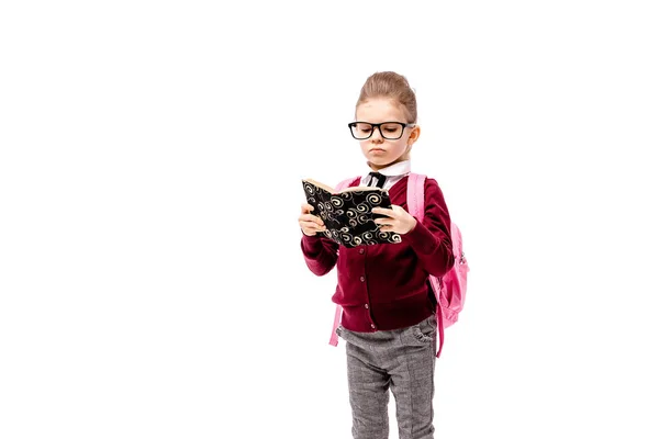 Kind met Schooltasje. Meisje in wit overhemd en een grijze broek, afgeronde glazen, houd een boek, schooltas en poseren als model de vinger omhoog wijst. Geïsoleerd op wit — Stockfoto