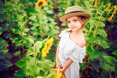 Beyaz elbiseli, hasır şapka bir sepet dolu Ayçiçeği tarlası kameraya gülümseyen ayçiçeği ile küçük kız