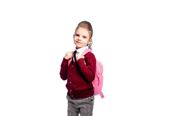 Παιδί με σχολική τσάντα. Κορίτσι με λευκό πουκάμισο και γκρι παντελόνια, κρατήστε ένα — Φωτογραφία Αρχείου