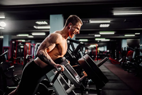 Bodybuilder fort faisant l'exercice lourd de poids pour le dos sur la machine. Exercice de traction T — Photo