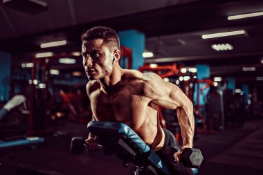 Genç kaslı adam spor salonundaki antreman bankında omuzlarının arka deltaları için dambıllarla sıkı egzersiz yapıyor.