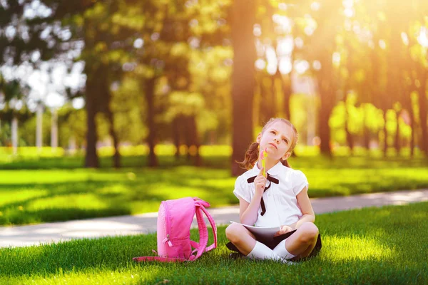 Niña de la escuela con mochila rosa sentada en la hierba después de las lecciones y las ideas de pensamiento, leer el libro y las lecciones de estudio, escribir notas, la educación y el concepto de aprendizaje — Foto de Stock