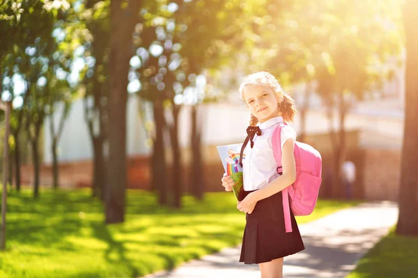 Menina bonita com mochila andando no parque pronto de volta para a escola, cair ao ar livre, conceito de educação — Fotografia de Stock