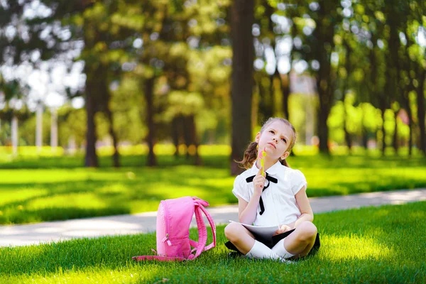 Niña de la escuela con mochila rosa sentada en la hierba después de las lecciones y las ideas de pensamiento, leer el libro y las lecciones de estudio, escribir notas, la educación y el concepto de aprendizaje —  Fotos de Stock