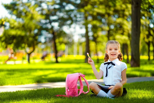 Bingo. Μικρό σχολείο κορίτσι με ροζ σακίδιο κάθεται σε γρασίδι μετά από μαθήματα και σκέψη ιδέες, διαβάστε το βιβλίο και τα μαθήματα σπουδών, γράφοντας σημειώσεις, εκπαίδευση και μάθηση έννοια — Φωτογραφία Αρχείου