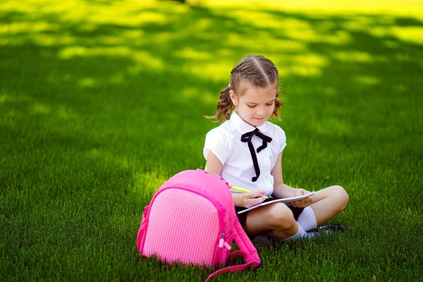 수업 후 잔디에 앉아 분홍색 배낭을 가진 어린 여학생과 책이나 학습 수업을 읽고 아이디어, 교육 및 학습 개념을 생각하십시오. — 스톡 사진