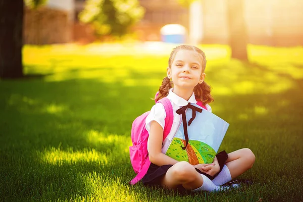 Mała uczennica z różowym plecak siedzi na trawie po lekcji patrząc na aparat fotograficzny, czytać książki lub lekcje nauki, pomysłów myślenia, edukacji i koncepcji uczenia się — Zdjęcie stockowe