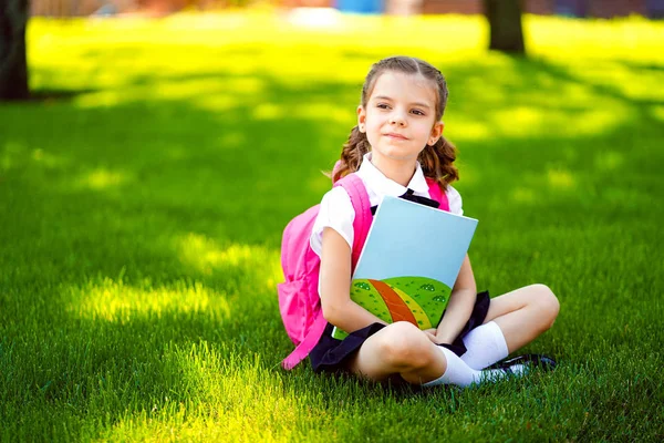 ピンクのバックパックを持つ小さな女の子は、レッスンの後に草の上に座って、思慮深く離れて見て、本や学習のレッスンを読み、アイデア、教育と学習の概念を考えます — ストック写真