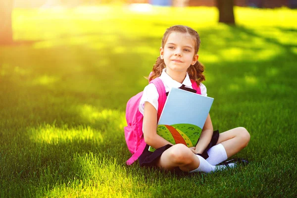 ピンクのバックパックを持つ小さな女の子は、レッスンの後に草の上に座って、思慮深く離れて見て、本や学習のレッスンを読み、アイデア、教育と学習の概念を考えます — ストック写真