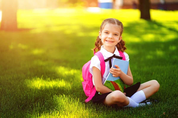 Mała uczennica z różowym plecak siedzi na trawie po lekcji patrząc na aparat fotograficzny, czytać książki lub lekcje nauki, pomysłów myślenia, edukacji i koncepcji uczenia się — Zdjęcie stockowe