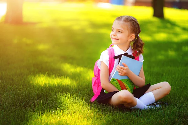 ピンクのバックパックを持つ小さな女の子は、横を見て、本や学習のレッスンを読んで、アイデア、教育と学習の概念を読んだ後、草の上に座って — ストック写真