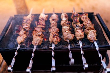 Metal şişte pişen ızgara kebap. Barbeküde pişmiş et. Geleneksel doğu yemeği, şiş kebap. Kömür ve alevler üzerine ızgara, piknik, sokak yemekleri