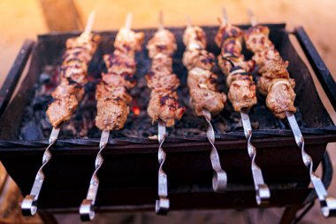 Metal şişte pişen ızgara kebap. Barbeküde pişmiş et. Geleneksel doğu yemeği, şiş kebap. Kömür ve alevler üzerine ızgara, piknik, sokak yemekleri