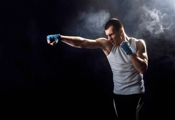 Lycklig vinnande Mixed Martial Arts fighter stansning i rök — Stockfoto